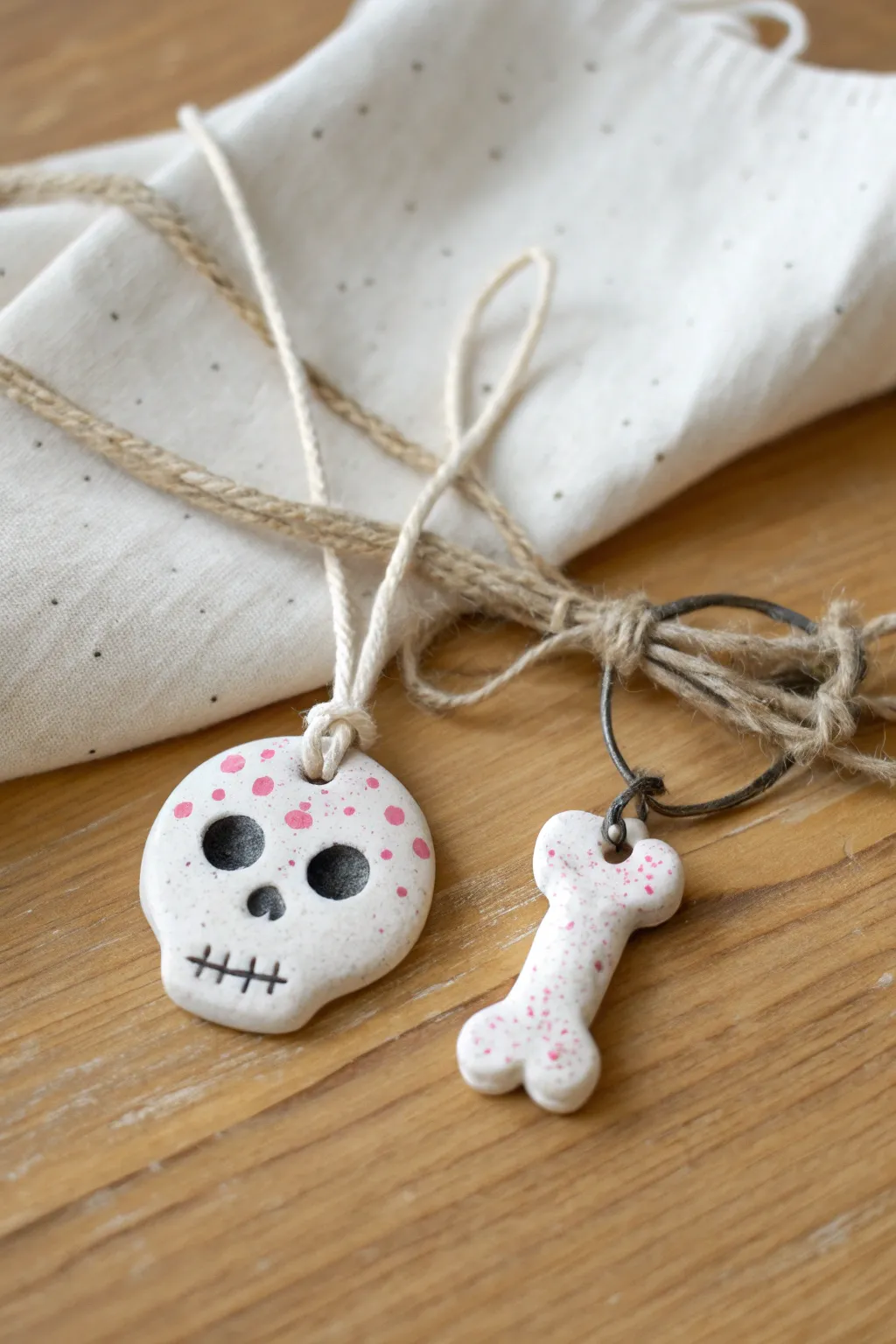 Cute air dry clay skull and bone charm bundle in matte white with blush dots, kid friendly.