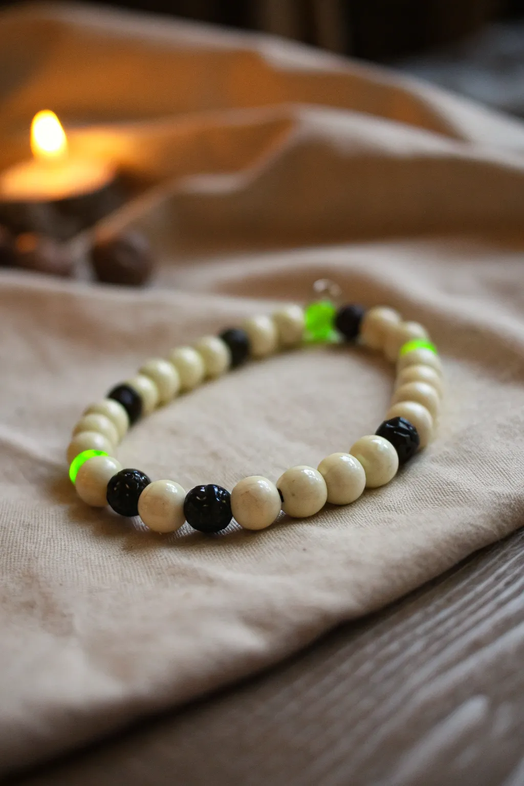 Soft glow-in-the-dark clay bead mix with black and neon green for subtle Halloween nights