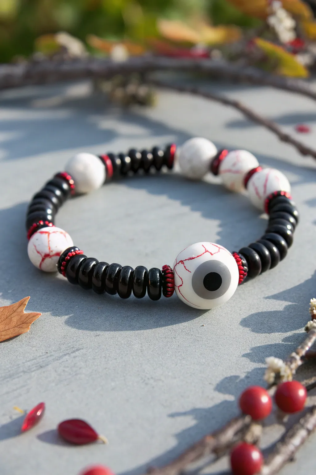 Minimal Halloween bracelet with a handmade eyeball bead, heishi neutrals, and red pop accents.