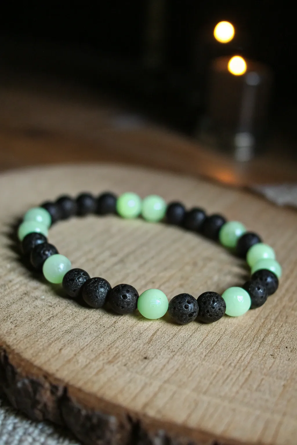 Pale green glow beads meet matte black clay discs for a minimalist spooky Halloween bracelet.
