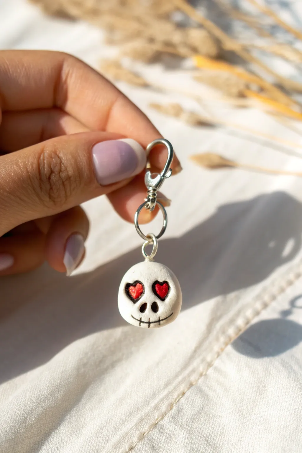 Mini Halloween skull charm with sweet heart eyes, minimalist and not scary, perfect for cute jewelry.