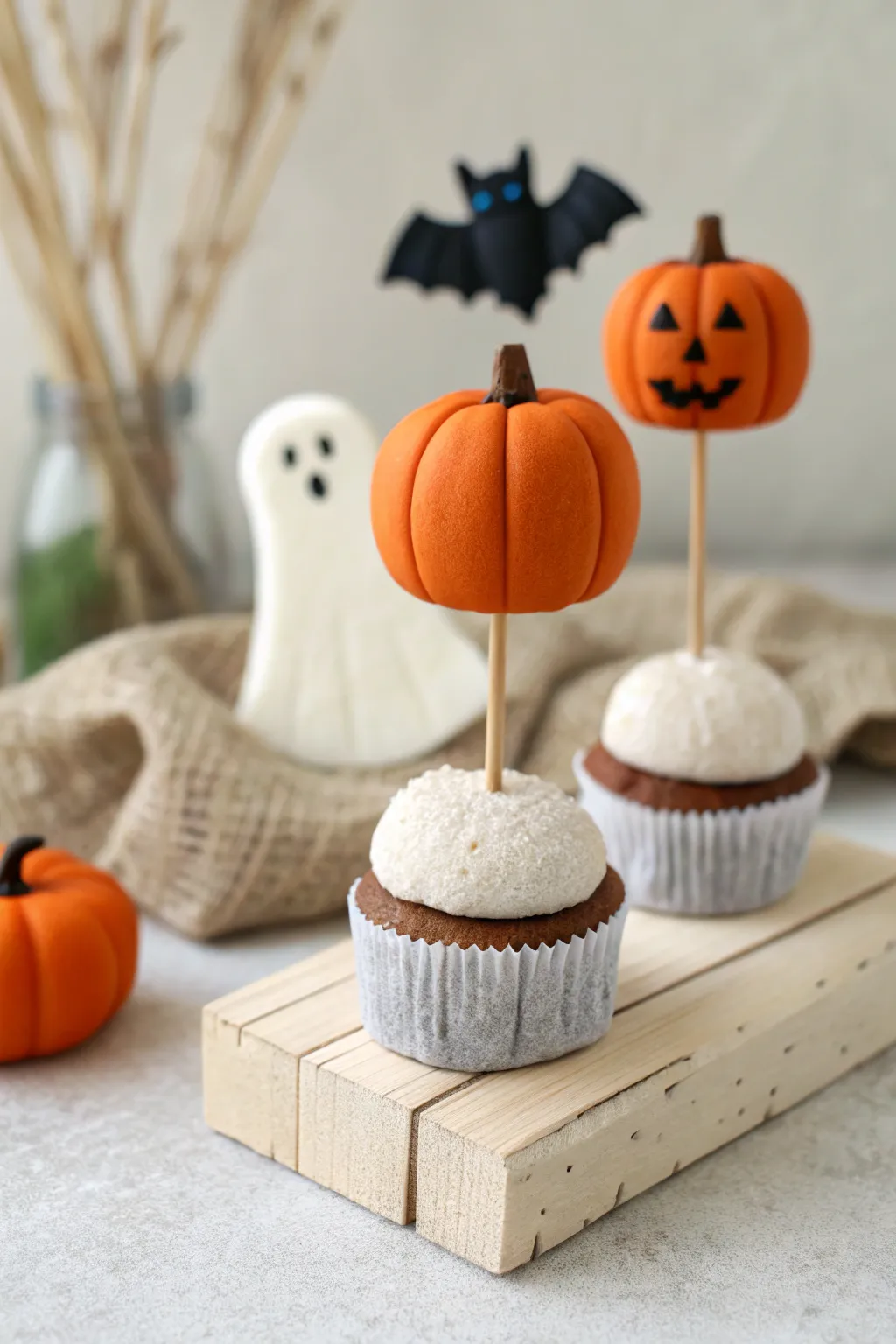 Spooky-cute clay cupcake toppers with chunky pumpkin, ghost, and bat shapes for kid-friendly Halloween fun