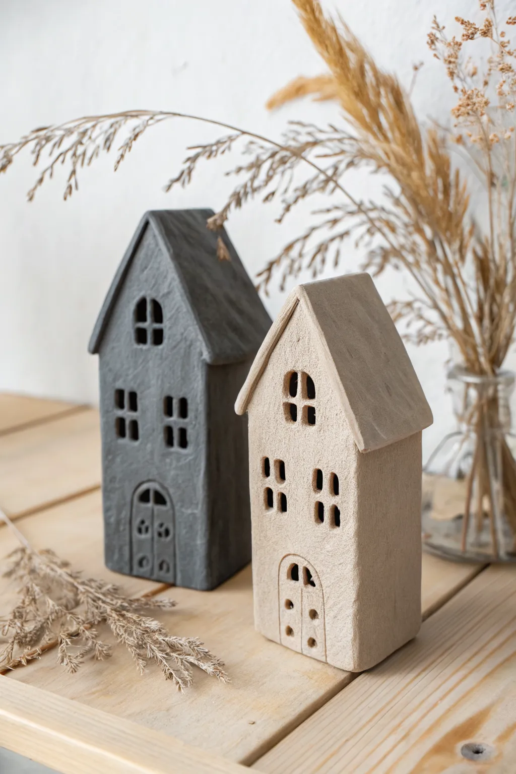 Chunky clay haunted house mini facades with crooked windows, minimalist Halloween charm.