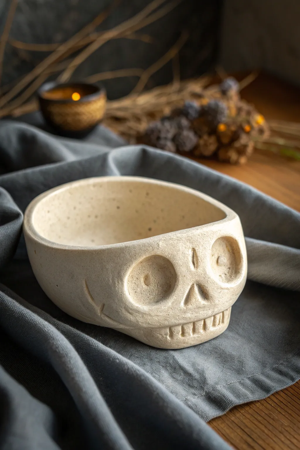 Minimal skull pinch pot dish in off-white clay, softly lit on dark linen for cozy Halloween style.