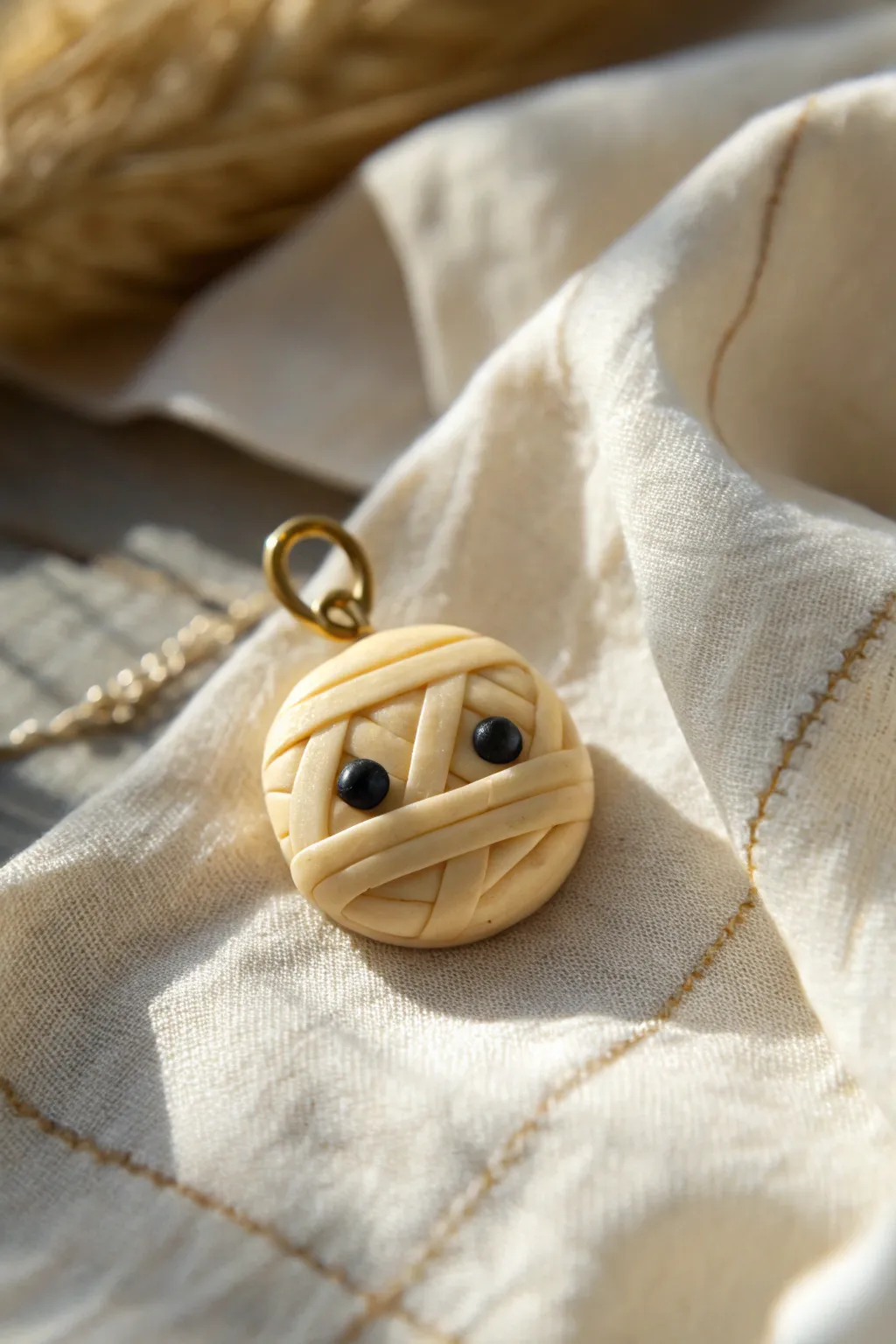 Off-white mummy polymer clay charm with raised wraps and tiny eyes, cozy minimalist Halloween vibe
