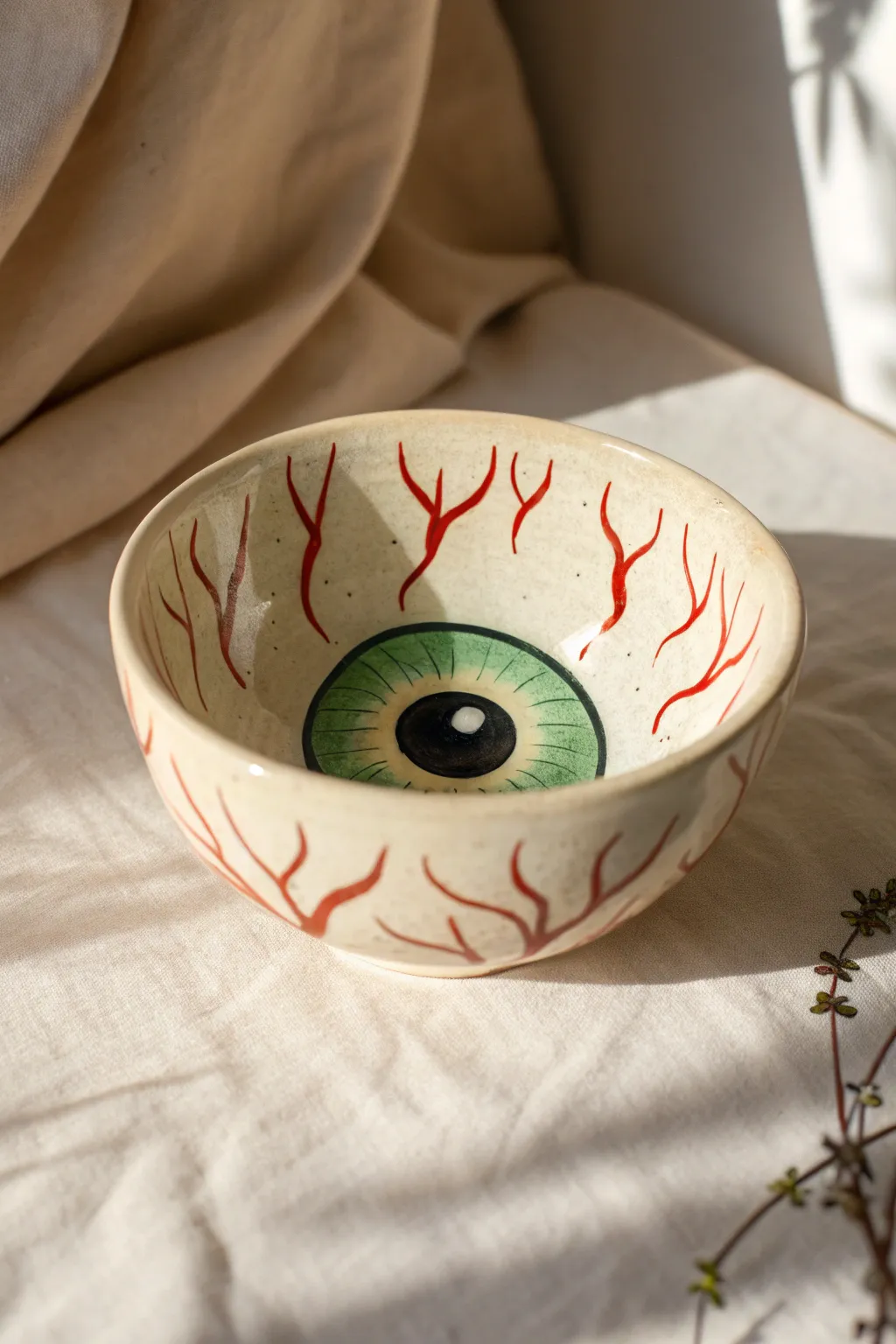 Creepy-cute eyeball bowl with minimalist vibes, perfect for easy Halloween pottery painting