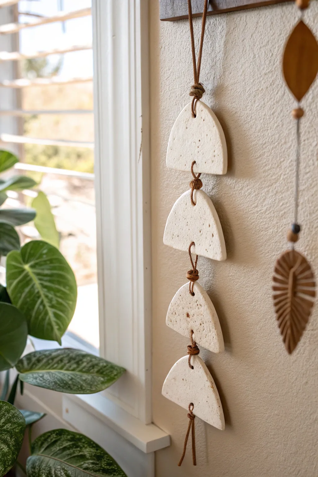 Minimal clay slab wall hanging in warm neutrals, softly lit on a calm plaster wall