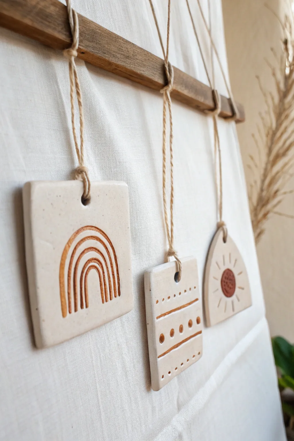 Three simple handmade hanging tiles with easy cutouts and subtle designs for beginners