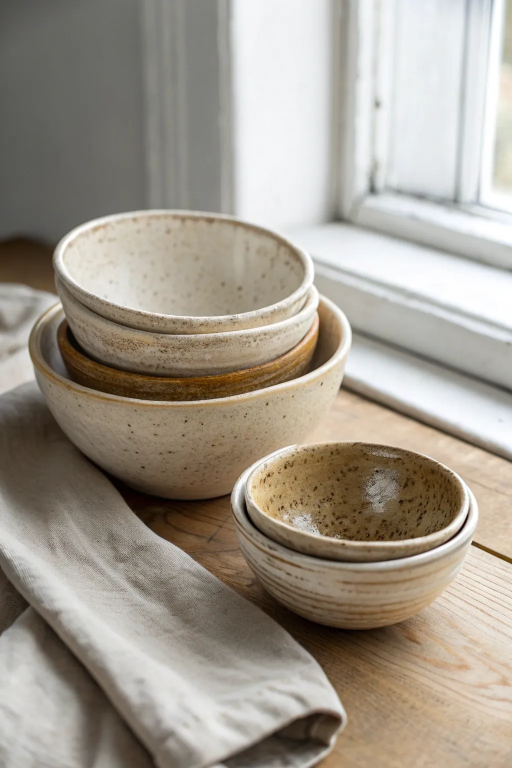 Minimal nesting pinch bowls with organic rims, a beautiful handmade set for salts, snacks, or rings.