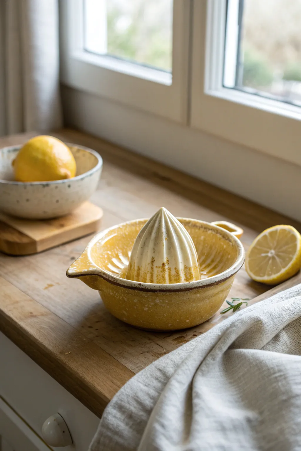 Handbuilt ceramic citrus juicer in sunny glaze, styled simply with fresh lemon on oak.
