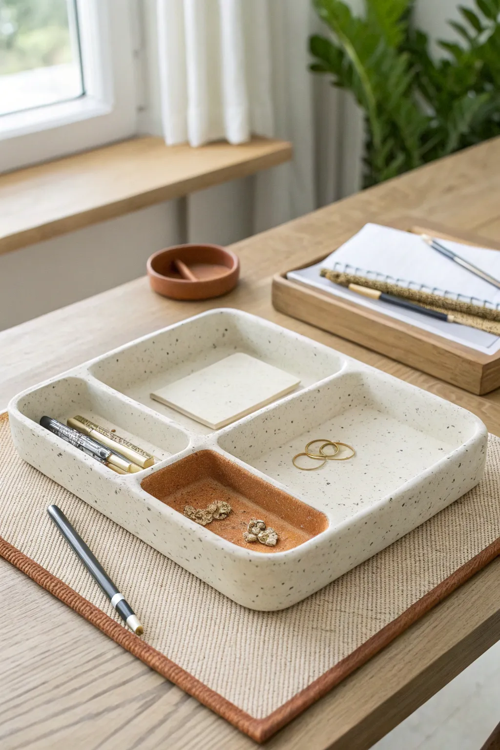 Stackable handmade clay trays keep pens and paper clips tidy with minimalist boho charm.