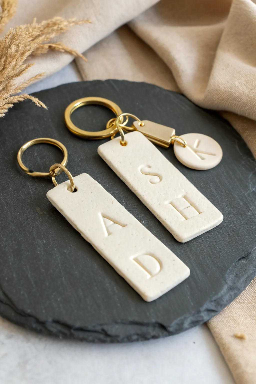 Minimal stamped clay nameplate keychain with optional blank tag, simple DIY charm inspiration.