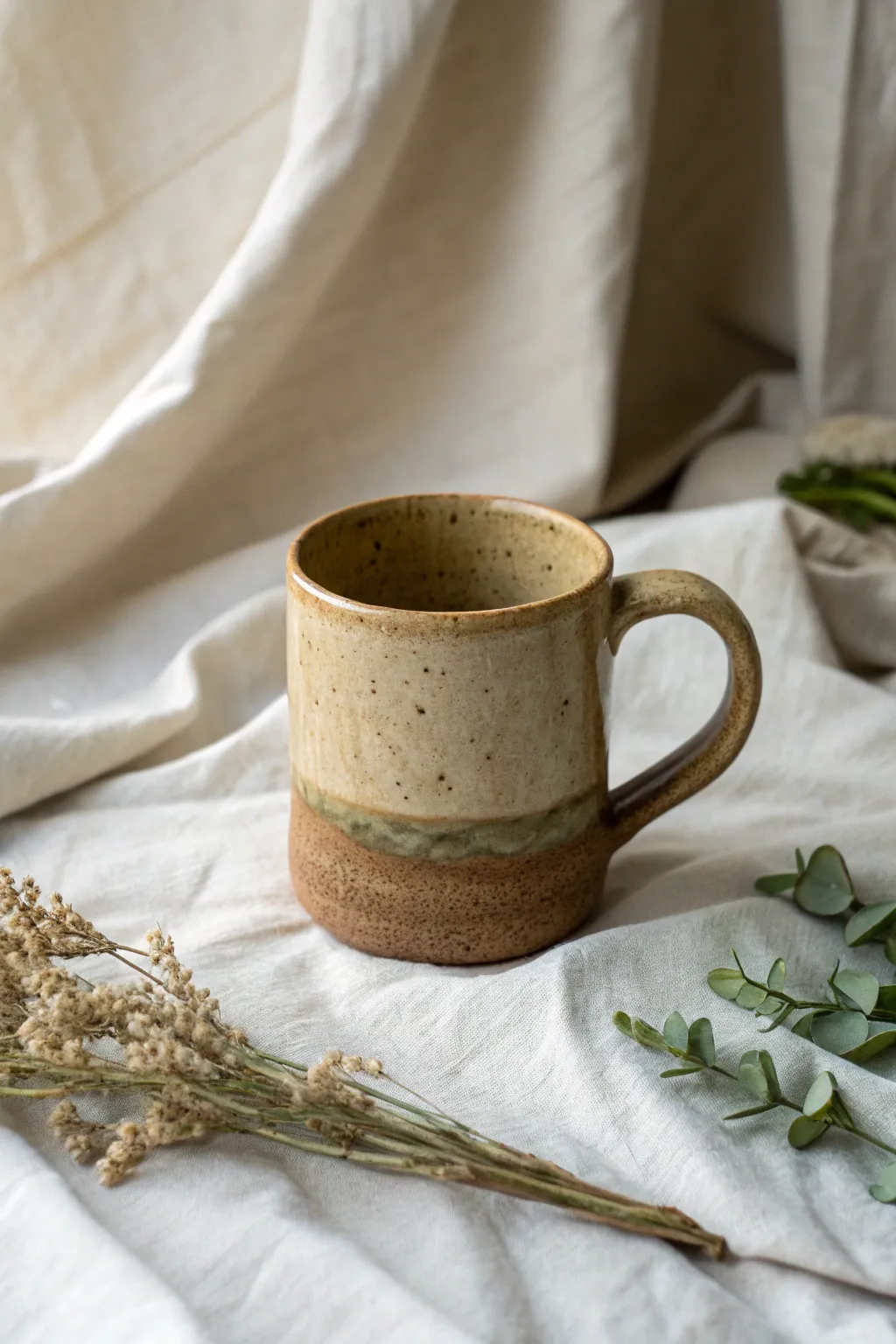 Branch-handle clay mug with earthy glaze pooling for a calm, nature-inspired sculptural touch