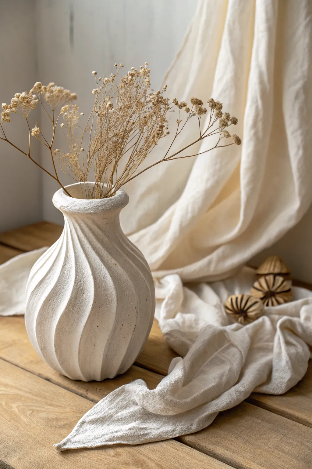 Matte white draped-clay vase with airy dried stems, a soft minimalist statement piece.