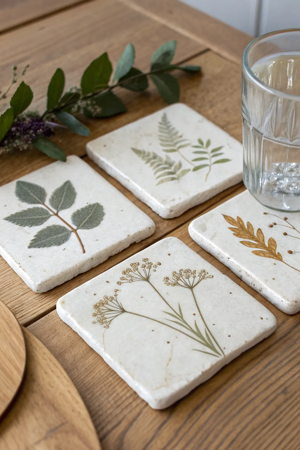 Botanical pressed clay coasters in a calm grid, soft edges and a gentle glaze wash.