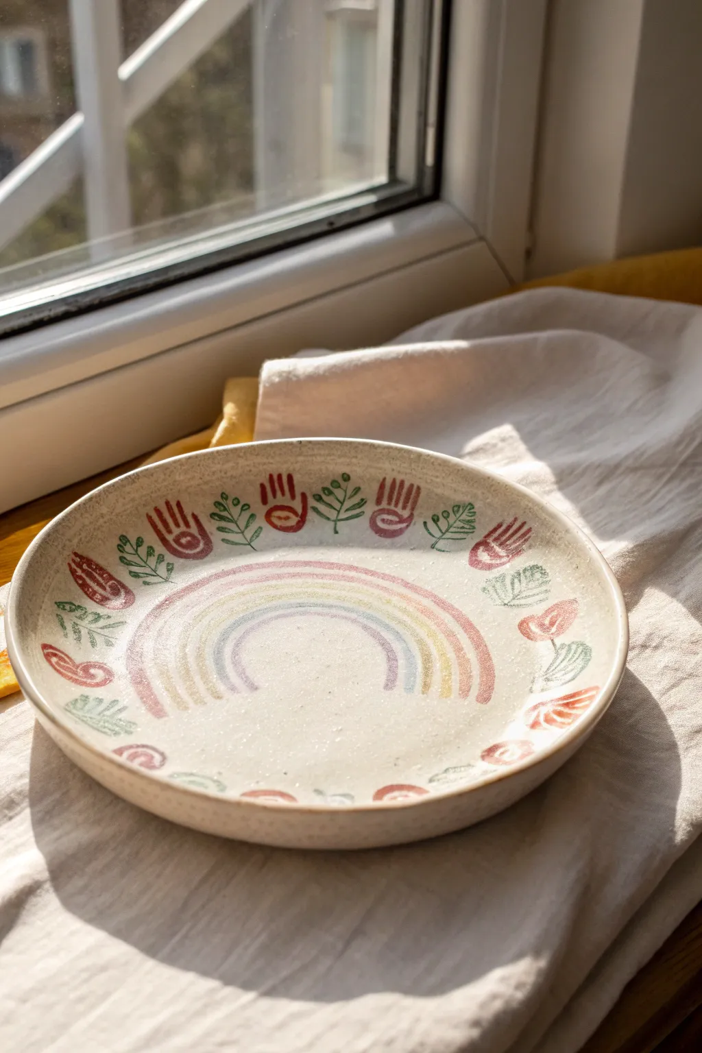 Soft rainbow ombre handprints on a minimalist clay plate, bright, sweet, and nursery ready.