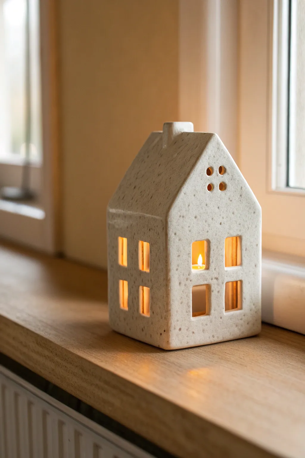 Minimal hard slab ceramic mini house tea light holder glowing softly on a neutral shelf.