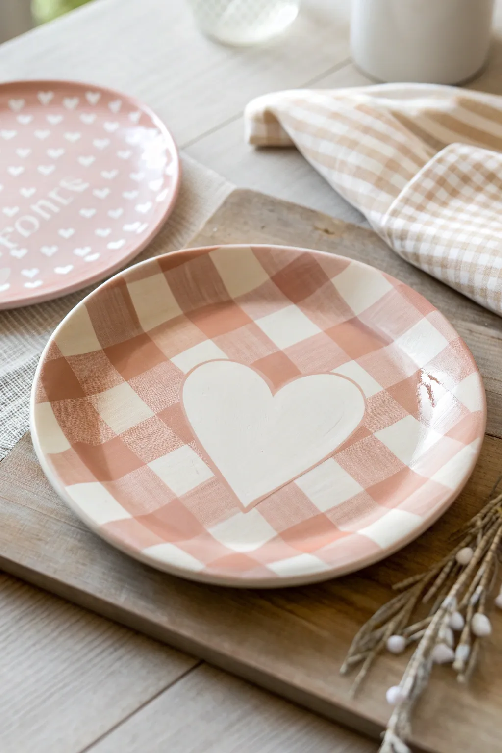 Cozy gingham background with a clean white heart center for a sweet, minimalist plate design