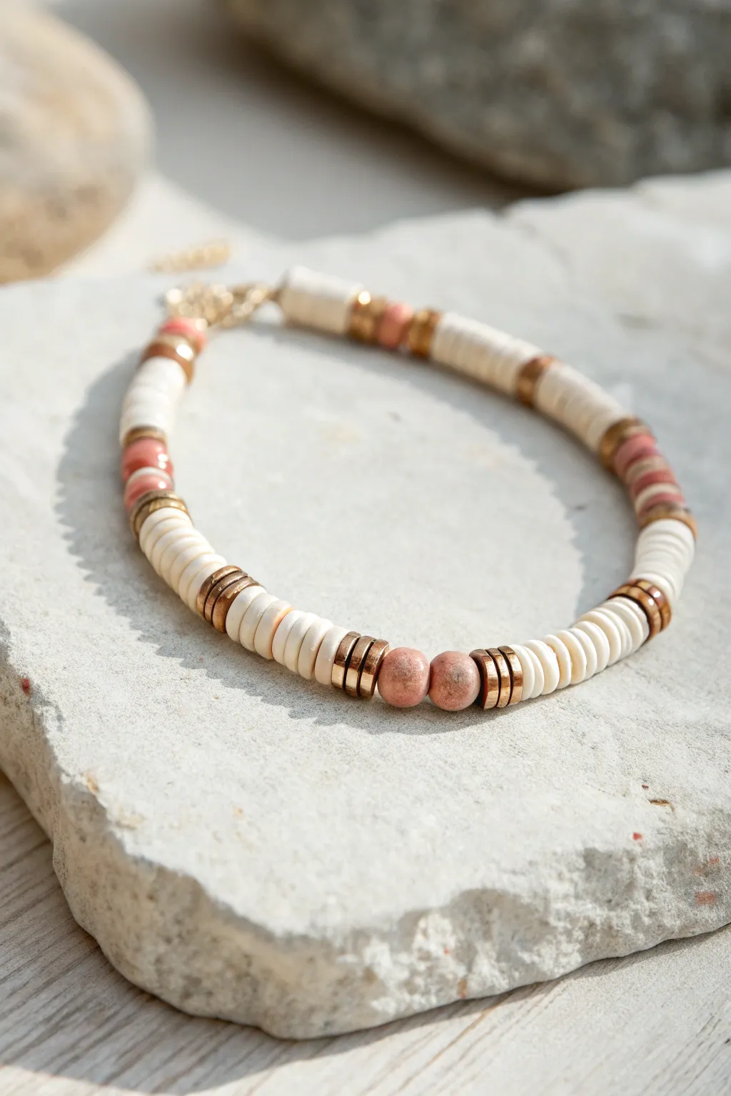 Mixed-width heishi beads in soft neutrals create a minimalist bracelet with tactile texture.