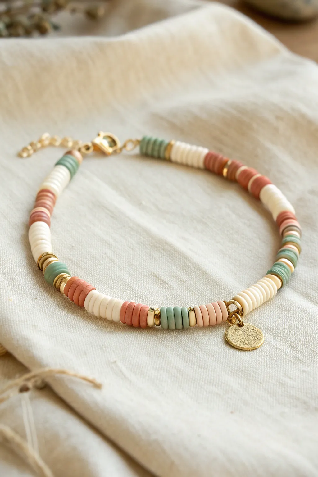 Balanced heishi bracelet with a simple center charm drop for clean, boho-minimal style