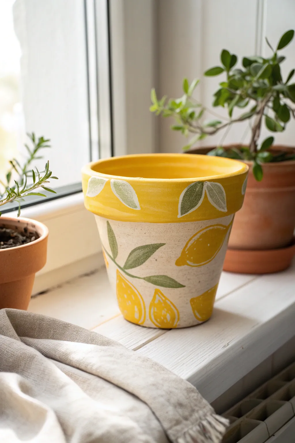Sunny lemon citrus pot: an easy painted clay pot idea with clean minimal charm and zesty color
