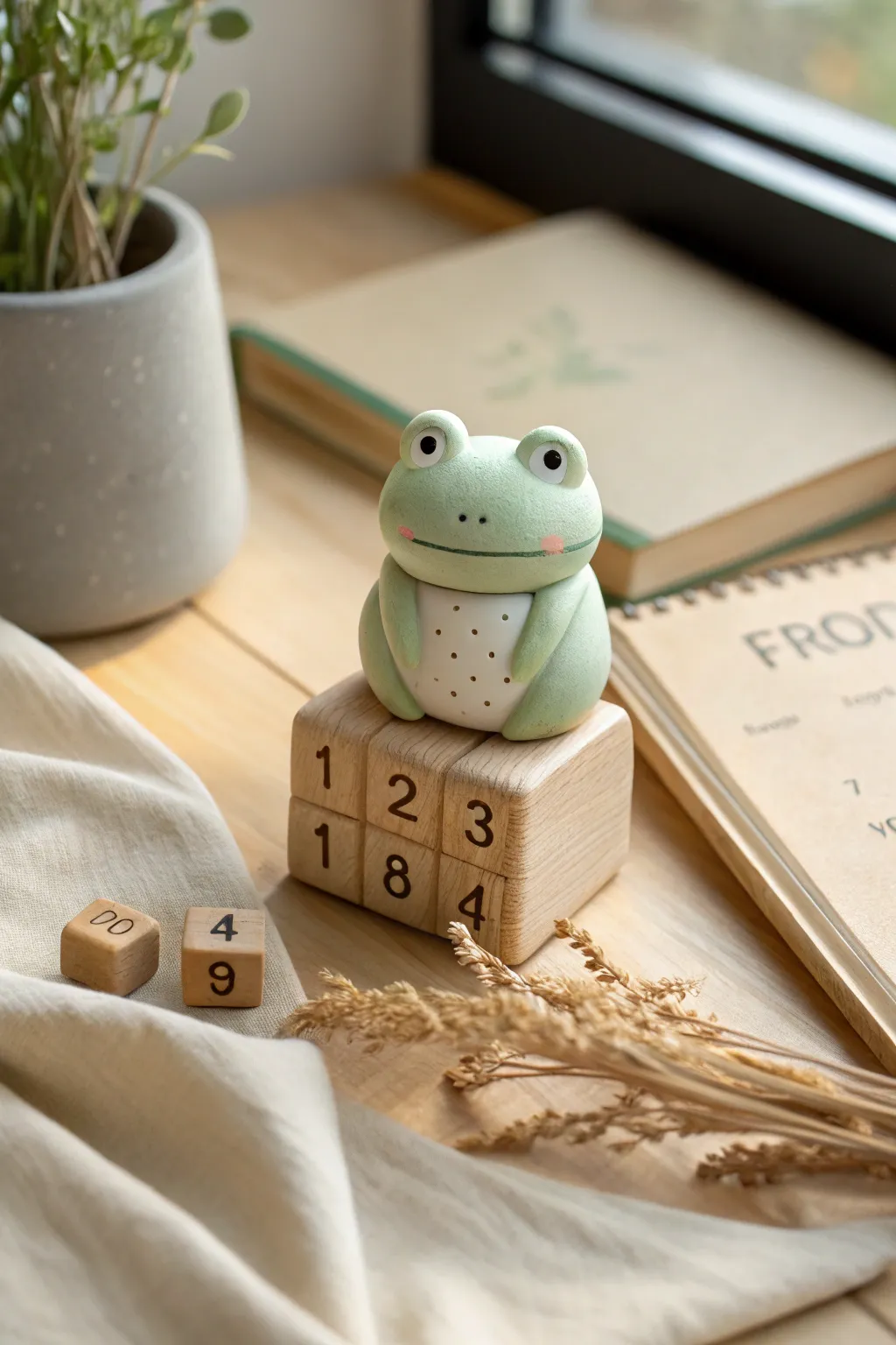 Cute chibi frog block calendar in matte clay, minimalist desk styling with cozy Scandinavian boho warmth