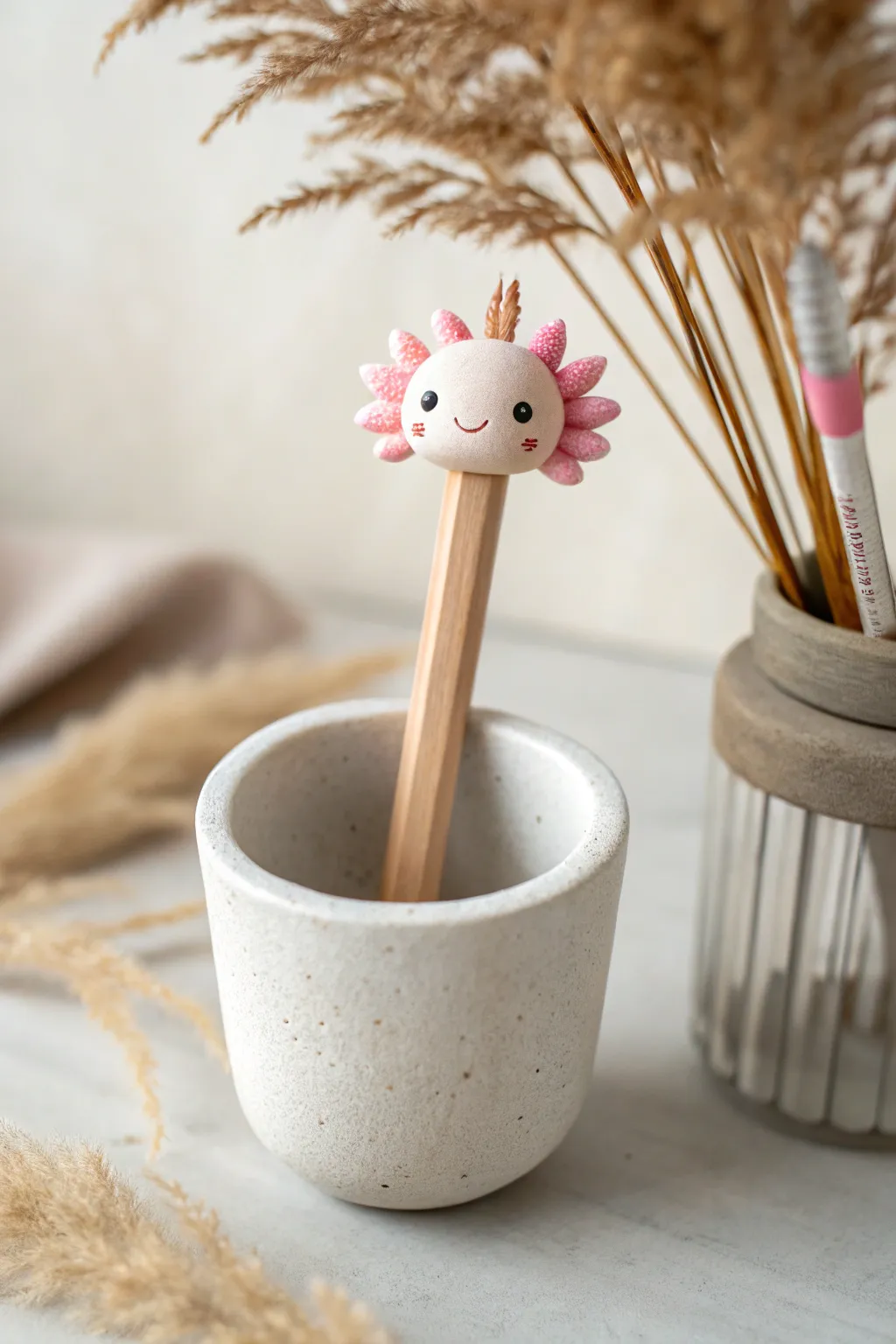Sweet axolotl pencil topper in matte clay, minimal and boho, ready for your desk.