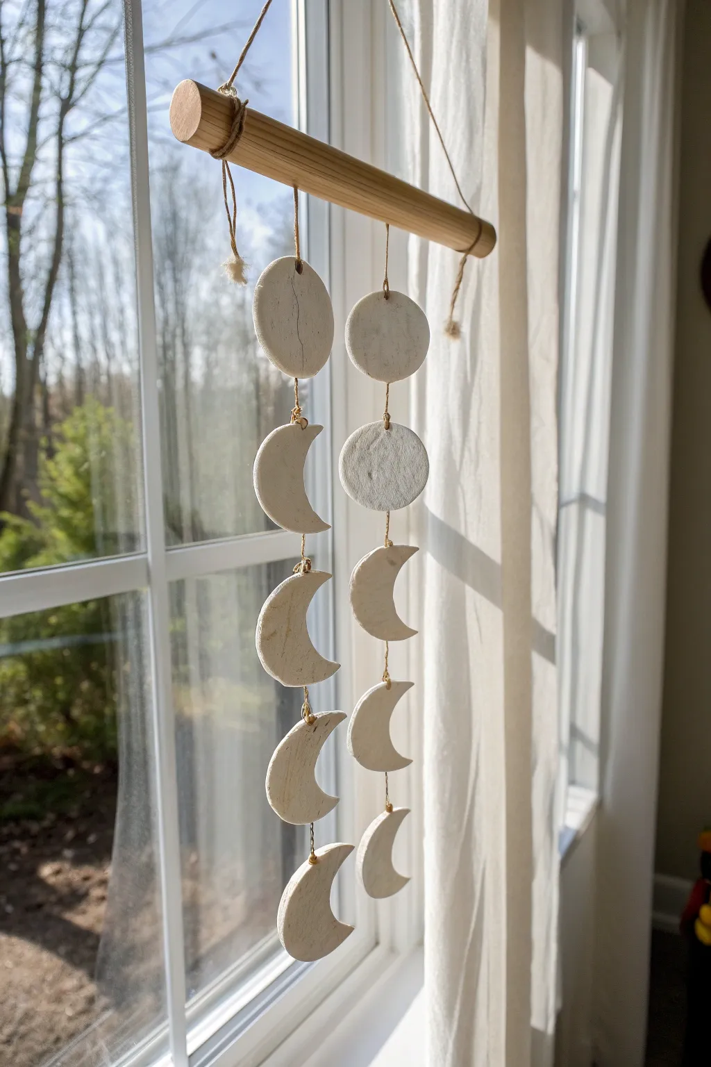 Minimal moon phase air dry clay mobile in soft neutrals, glowing beside a bright window