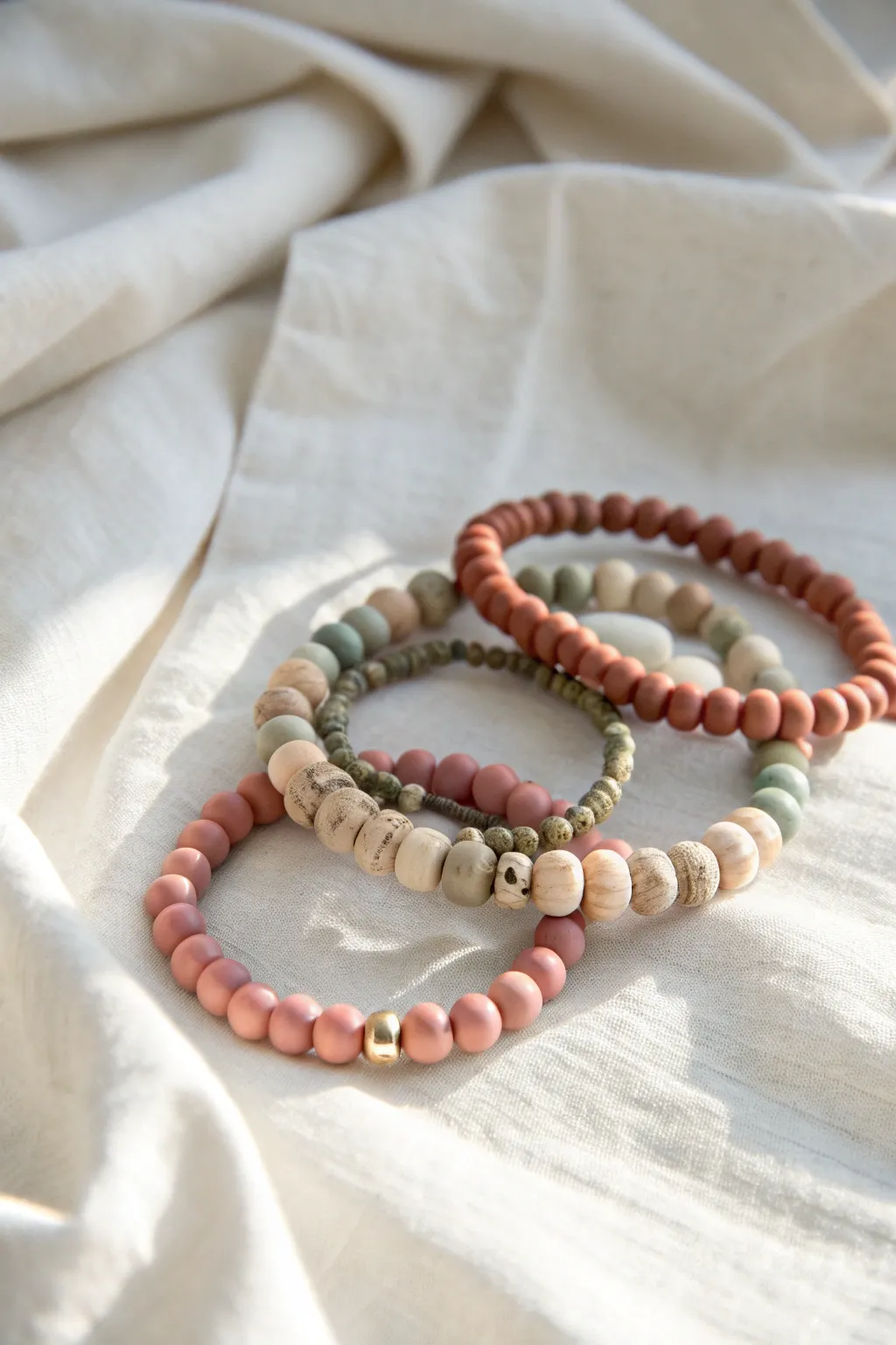 Soft scandi-boho clay bead bracelet set in blush and sage, simple shapes with one accent bead.