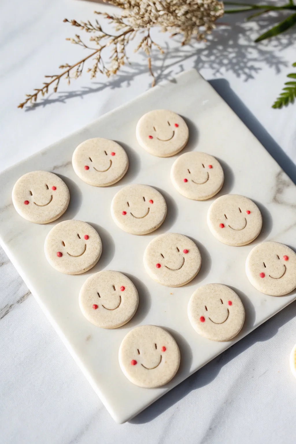 Sweet air-dry clay smiley magnets with blush dots, styled in a clean minimalist grid.