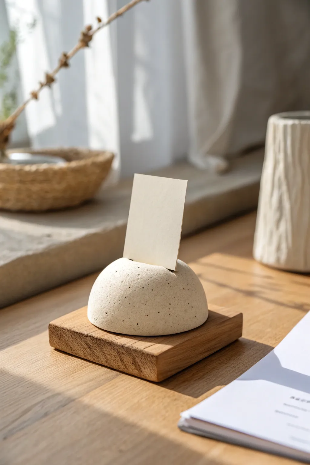 Minimal clay photo holder with a clean slit design, styled in soft daylight for a calm desk.