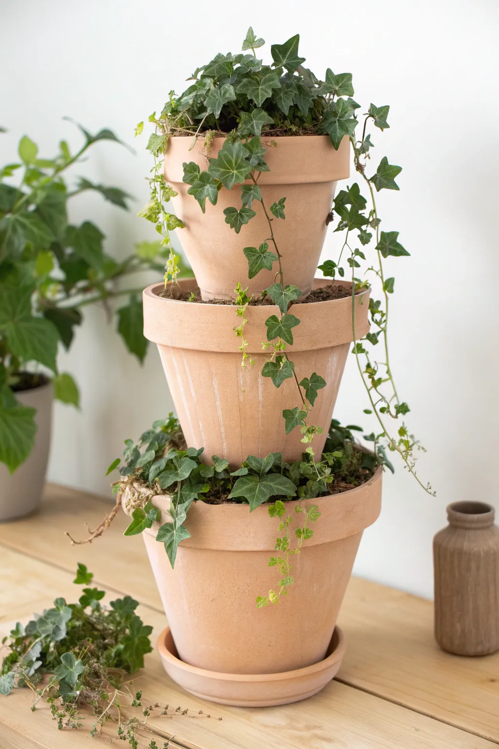 Simple stacked tier planters with cascading ivy for a calm, minimalist boho focal point