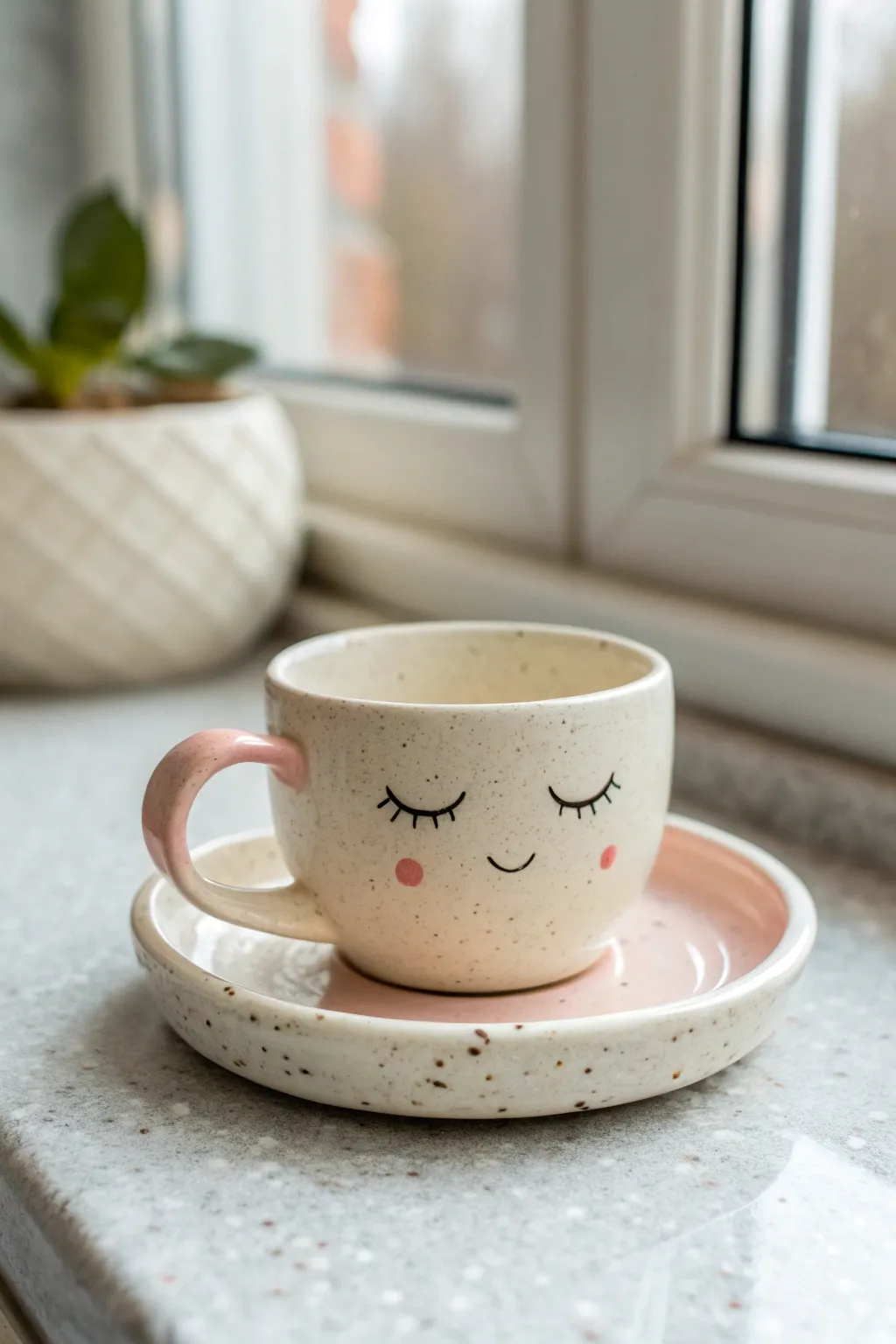 Sleepy kawaii teacup buddy in soft cream and blush, a minimal air dry clay charm