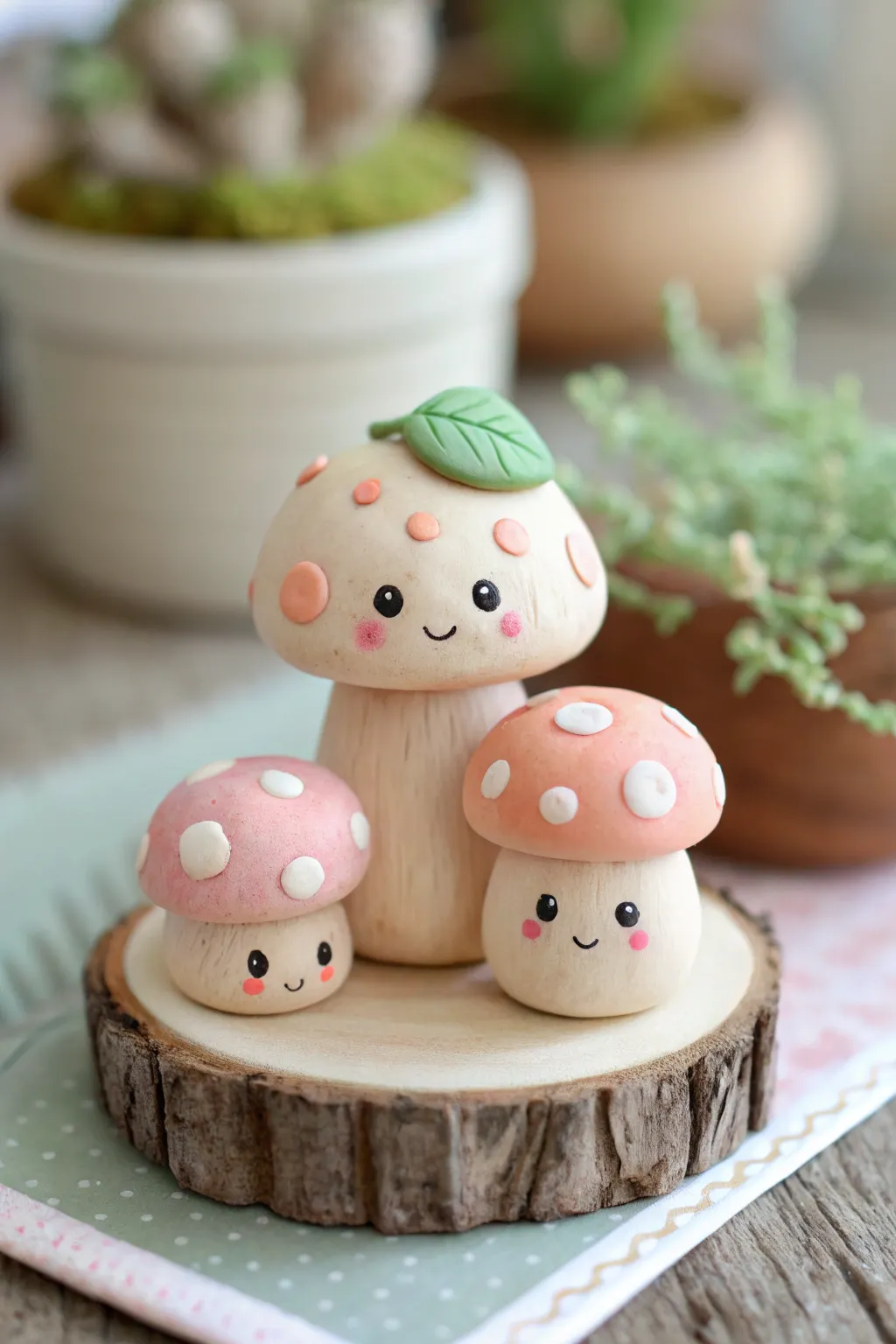 Sweet kawaii mushroom sprout friends in pastel clay, perfect easy air-dry project for kids