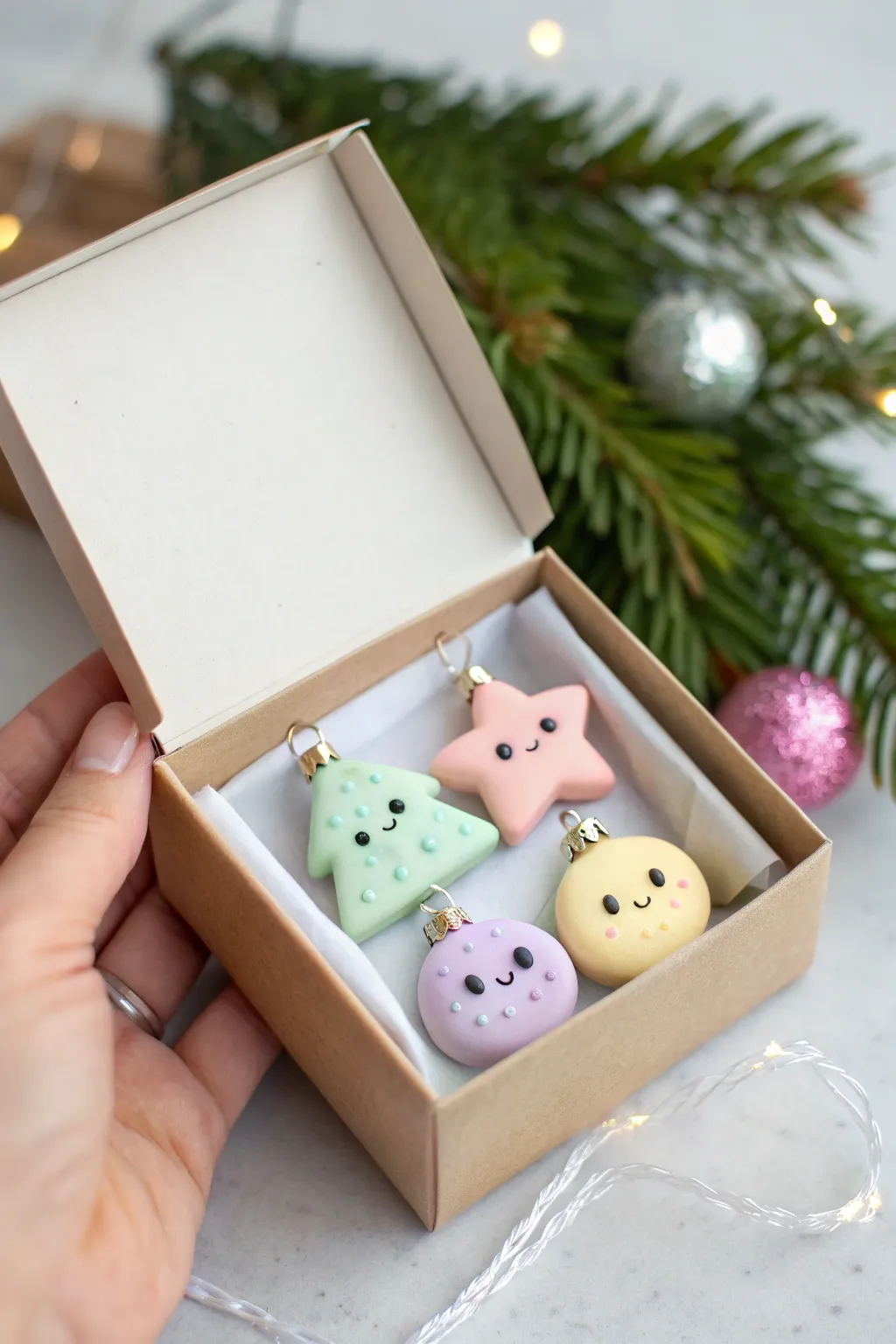 Pastel sparkly kawaii Christmas charm set, simple handmade cuteness for cozy holiday décor