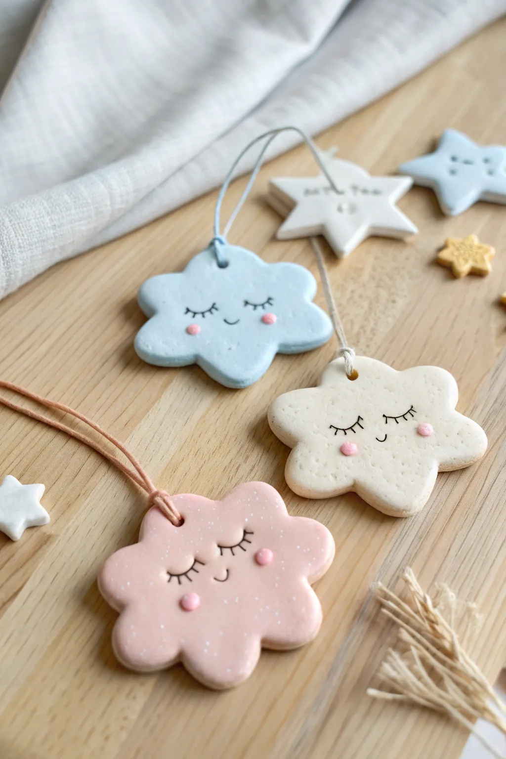 Dreamy pastel kawaii clouds and stars with sleepy faces, a tiny sky scene in minimalist style