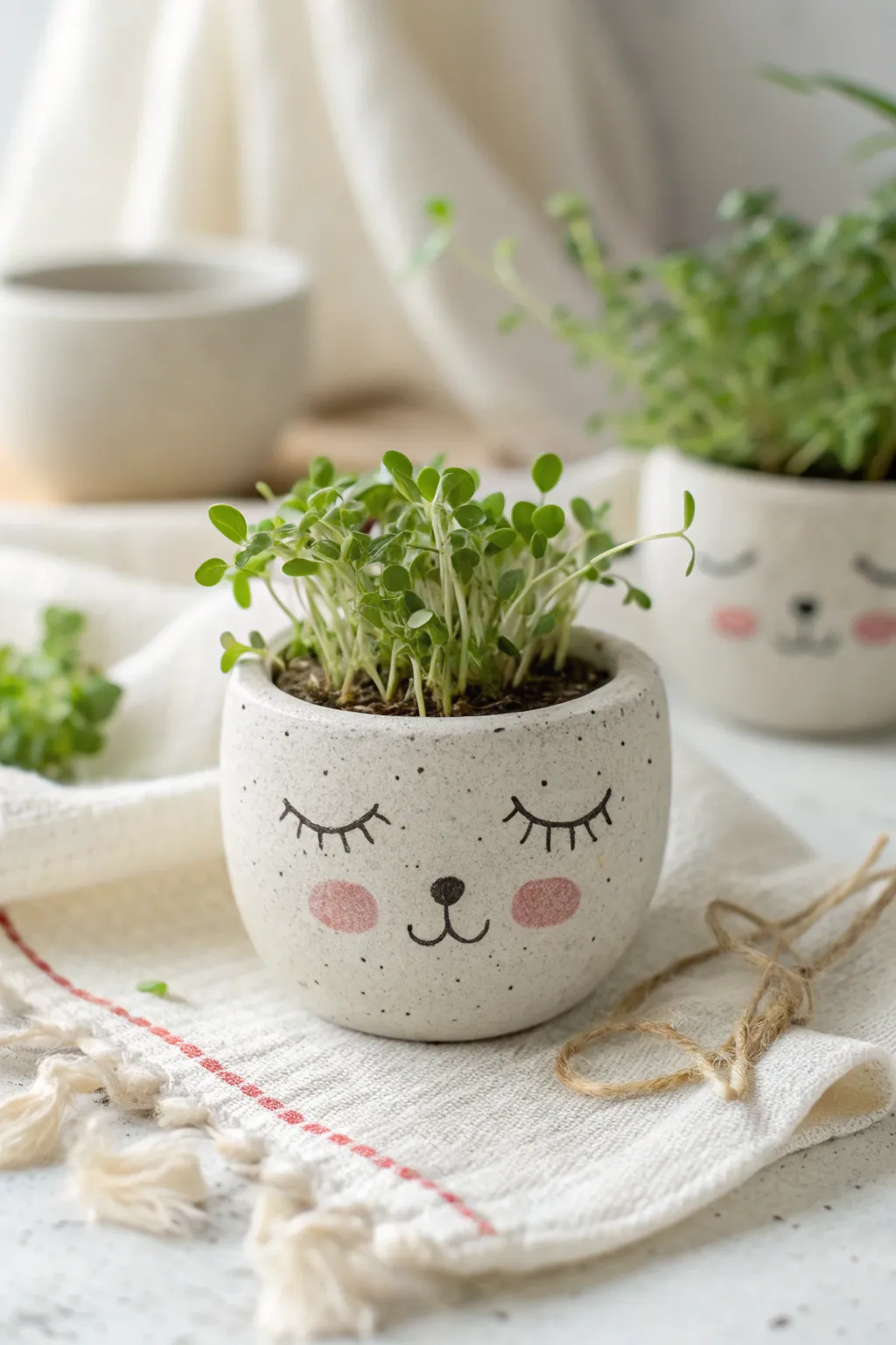 Adorable kawaii mini planter with a sweet face and tiny sprout, styled minimalist and bright