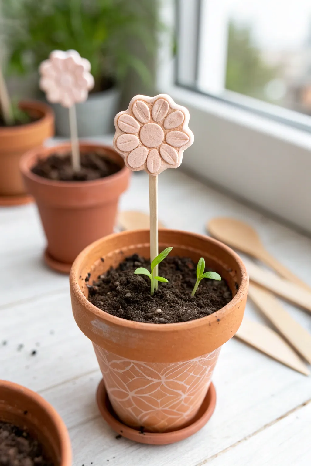 Sweet air dry clay plant marker stake in a little pot, minimal Scandinavian boho style.