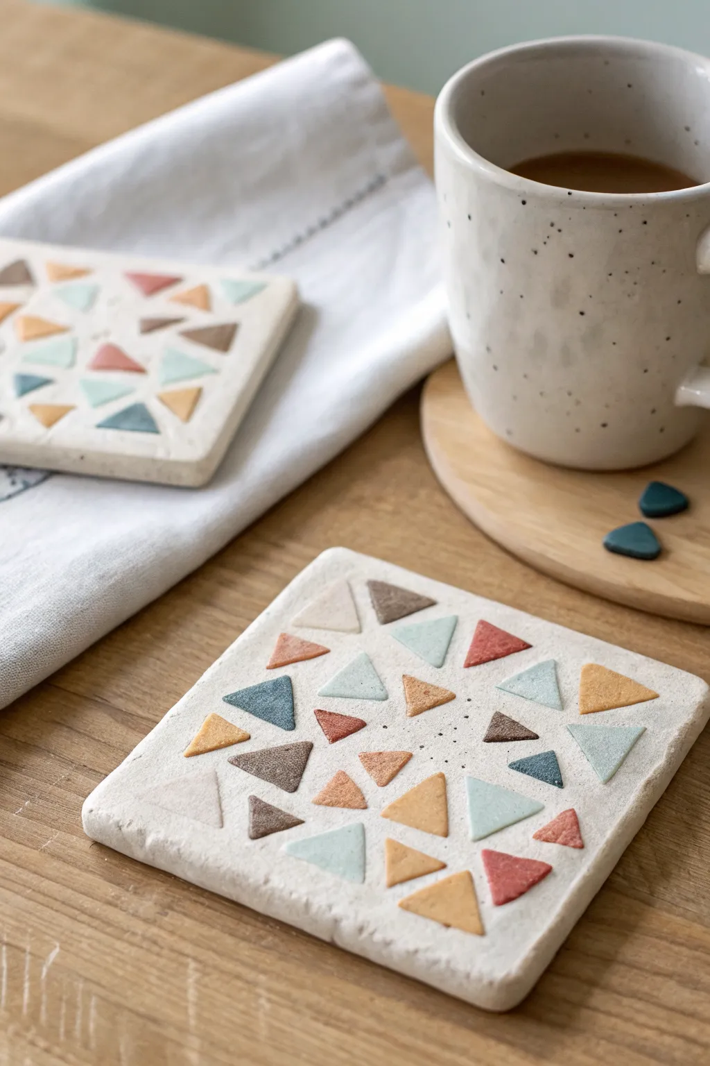 Bright scrap-clay mosaic coaster, finished and sealed, styled simply with a minimal mug for scale.