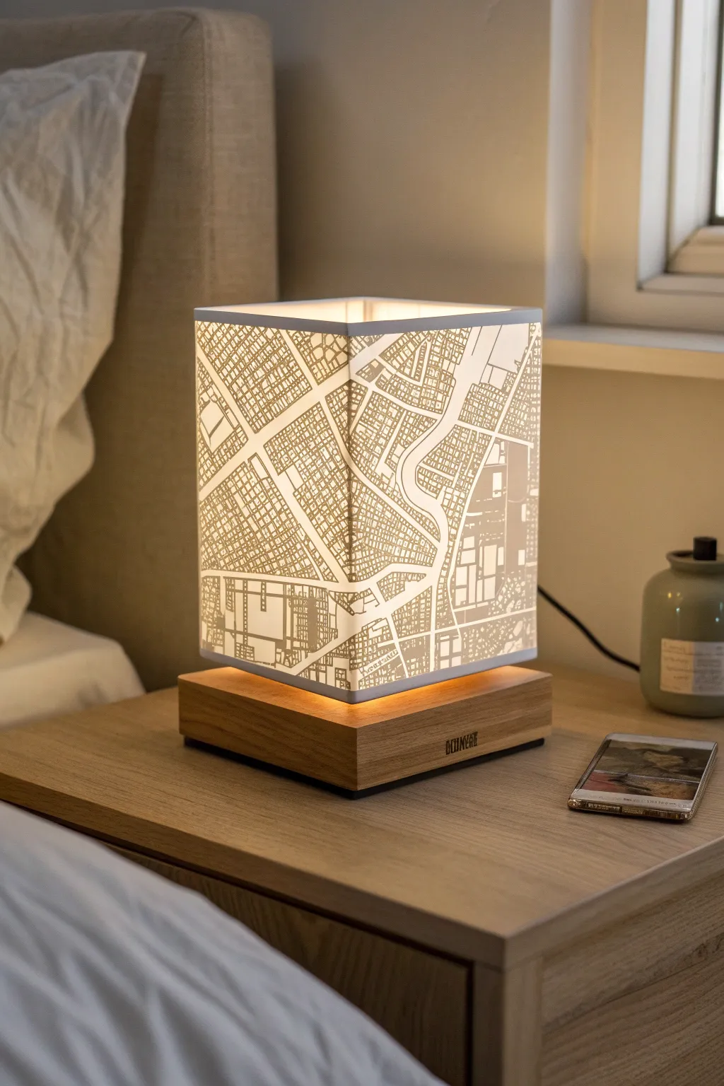 City map lithophane night lamp with warm glow, minimalist oak base, cozy bedside styling.