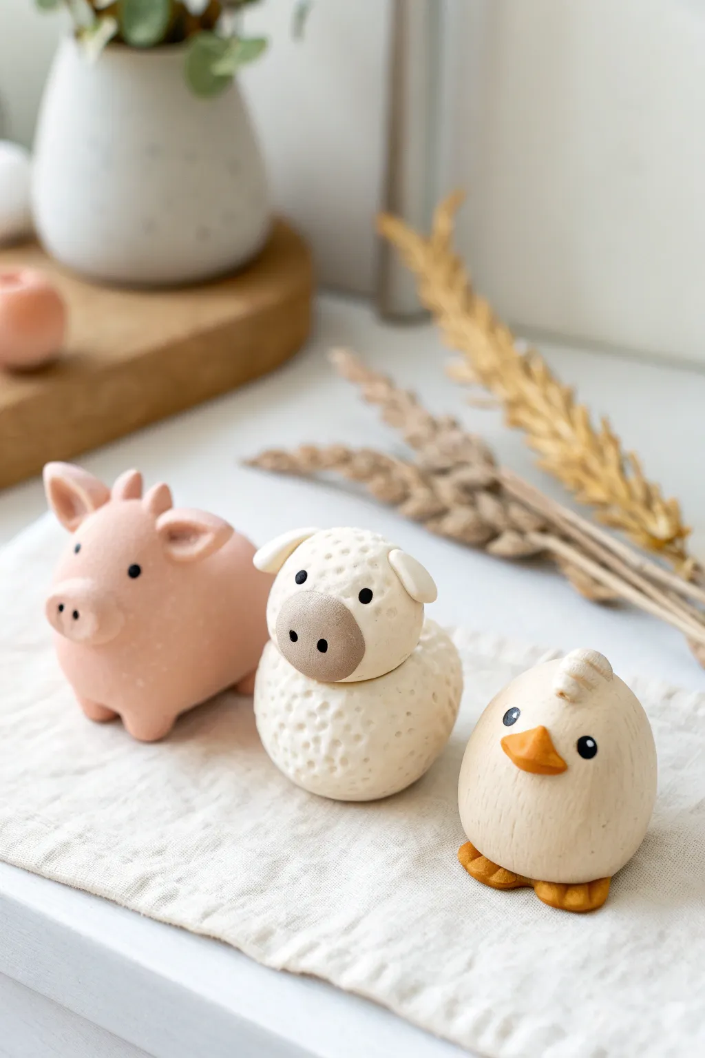 Pocket farm animal trio in clay: tiny pig, sheep and duck in a clean minimalist lineup