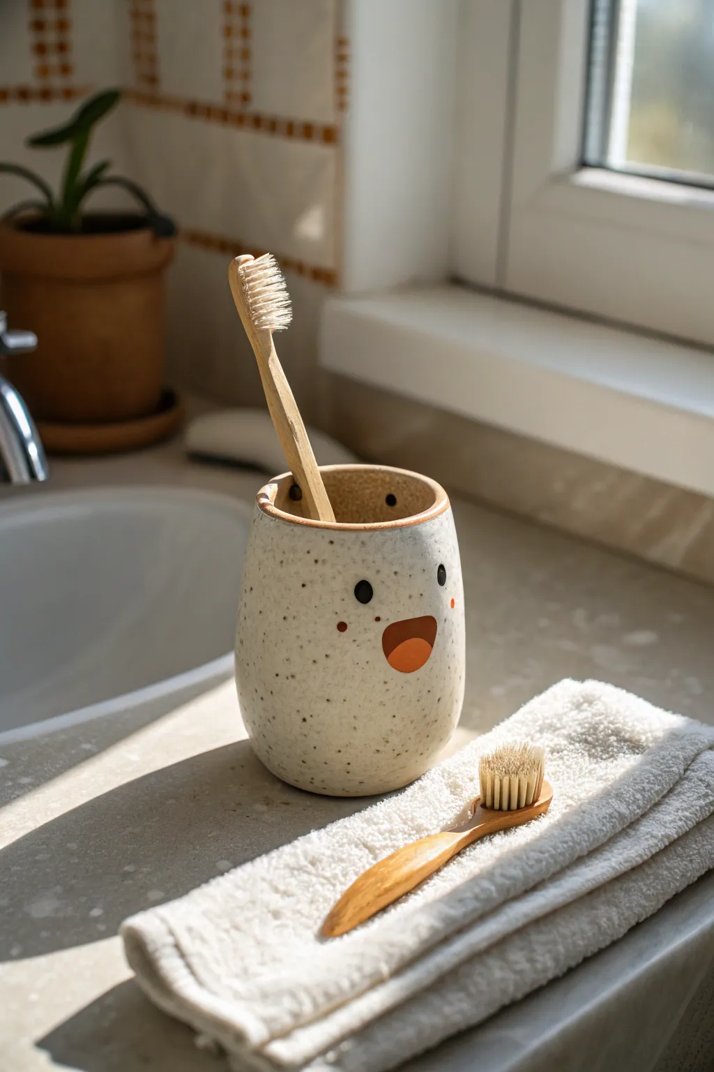 Little open-mouth creature cup holds brushes on a calm, minimalist counter with playful charm.