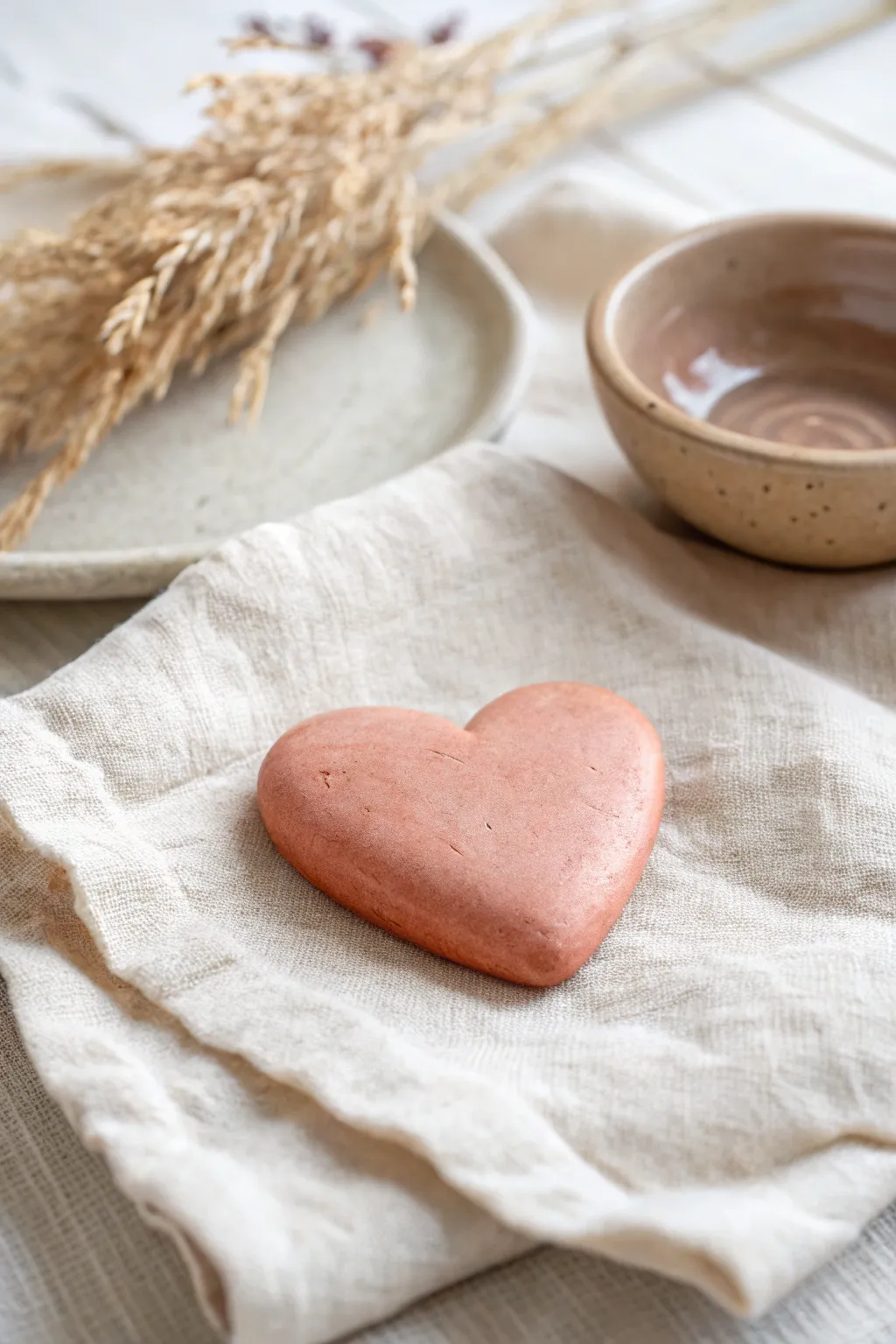 A smooth little heart worry stone with a calming thumb dip, styled in soft minimalist neutrals