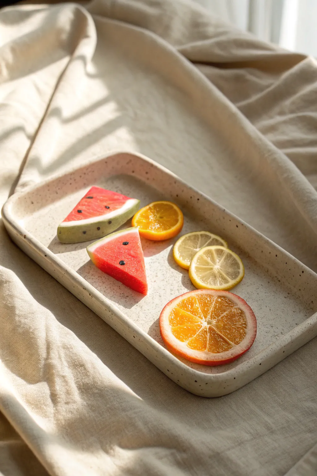 Vibrant watermelon and citrus cane slices styled in a minimalist tray for a fresh, boho look.
