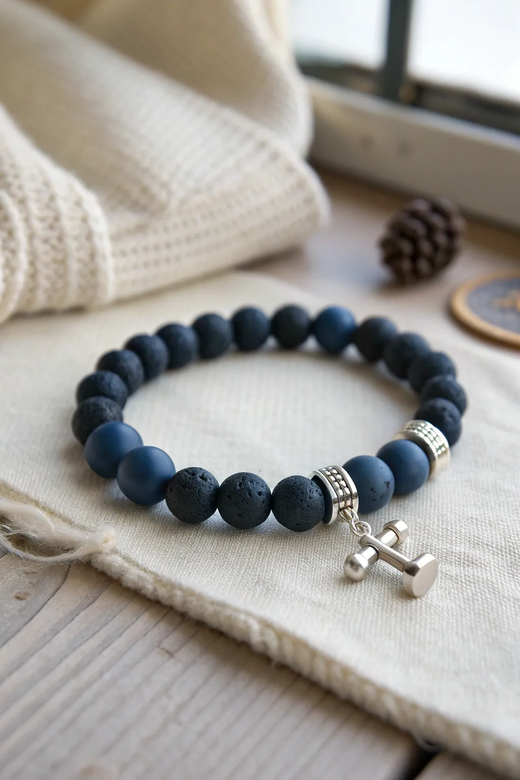 Dark clay bead bracelet with subtle sport charm, minimalist masculine style with boho warmth.