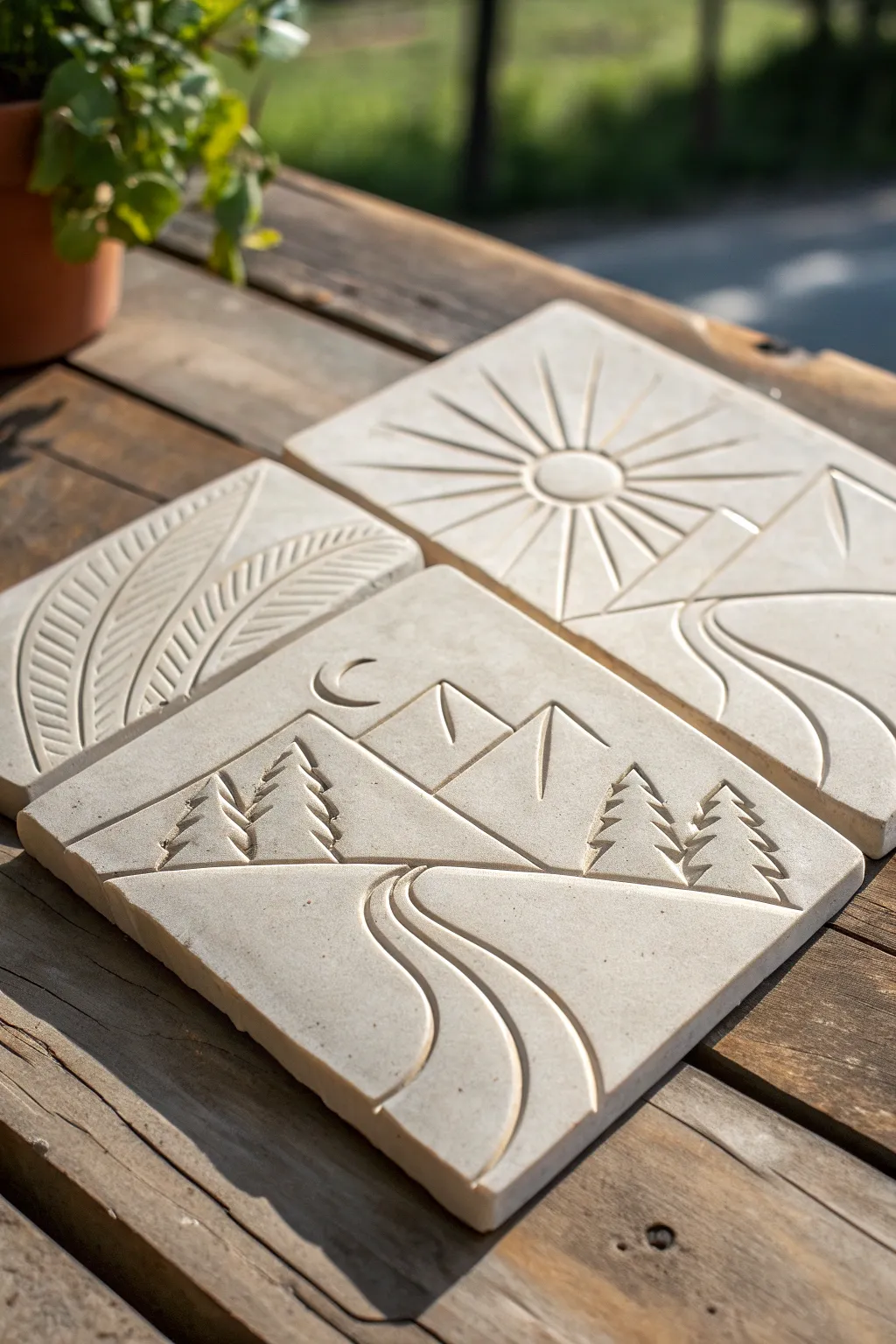 A simple layered relief tile story square with a soft wash, perfect for middle school clay class.