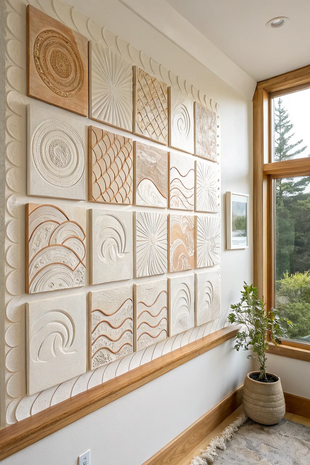 Collaborative relief tile mural: each middle school tile unique, together forming calm ocean waves