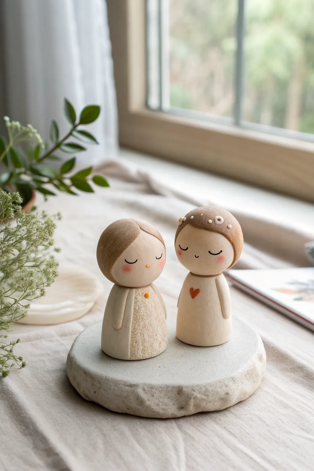 Cute chibi mini couple figurines on a shared base, a sweet clay date-night keepsake