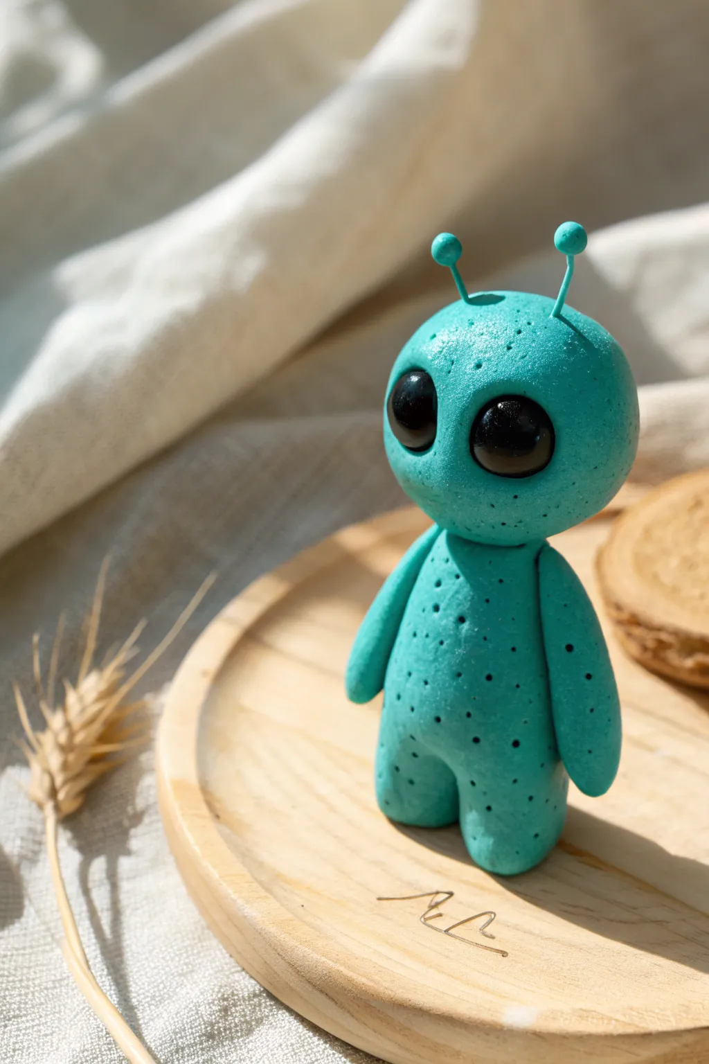 Cute teal mini alien clay figure with tiny antennae, dot eyes, Scandinavian boho styling