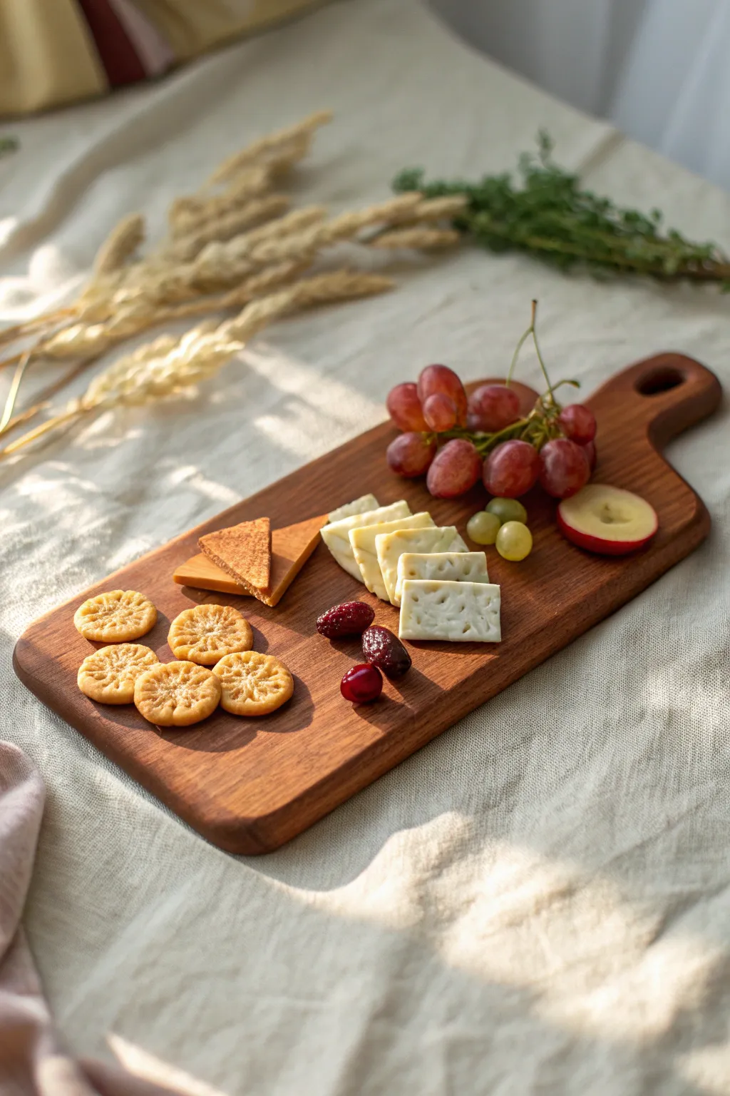Mini clay charcuterie board with tiny cheese wedges, crackers, and fruit slices in soft light